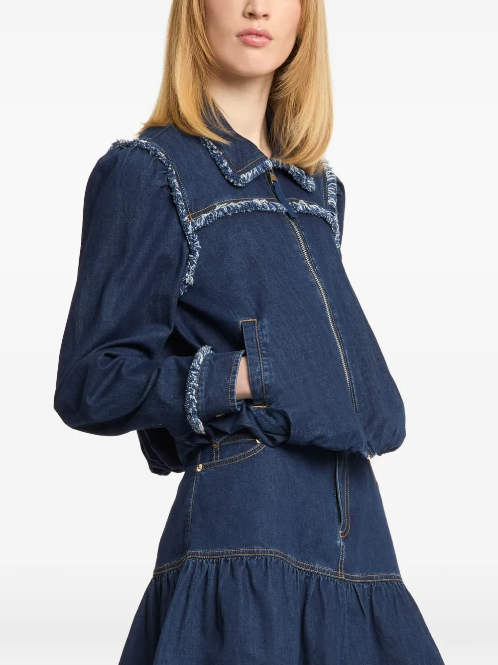 Cinq A Sept Indria tweekleurig denim jack met franje Blauw