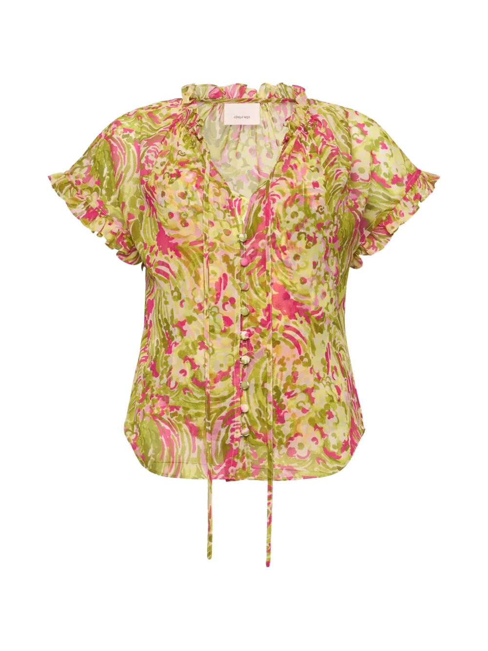 Cinq A Sept Daisy Swirl Jenise ruffled top - Verde