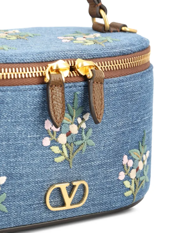 VALENTINO デニムブルートートバッグ Valentino Garavani Vanity floral-embroidered Denim Tote Bag | Blue