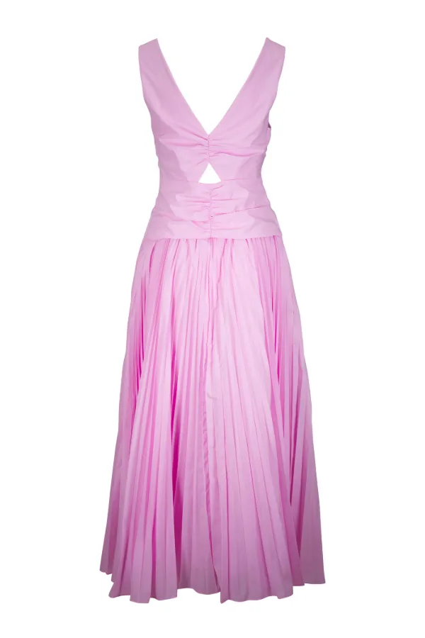 simkhai pink dress Hope Bow Tie Mini in Dusty Rose fitted bustier Acacia ruched jersey maxi dress