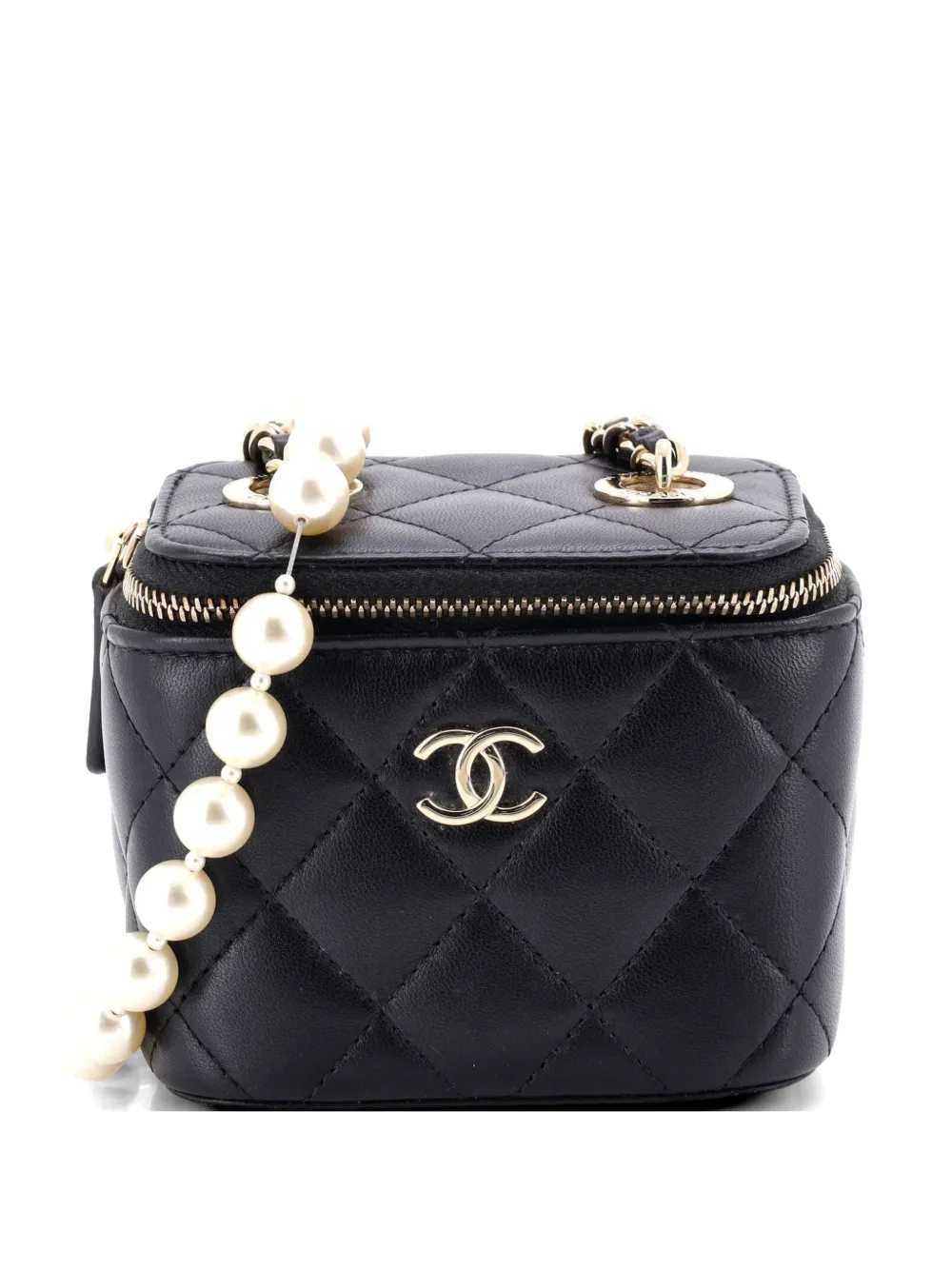 CHANEL Pre-Owned Vanity Case with Pearl Chain Quilted Lambskin Mini clutch bag - Nero