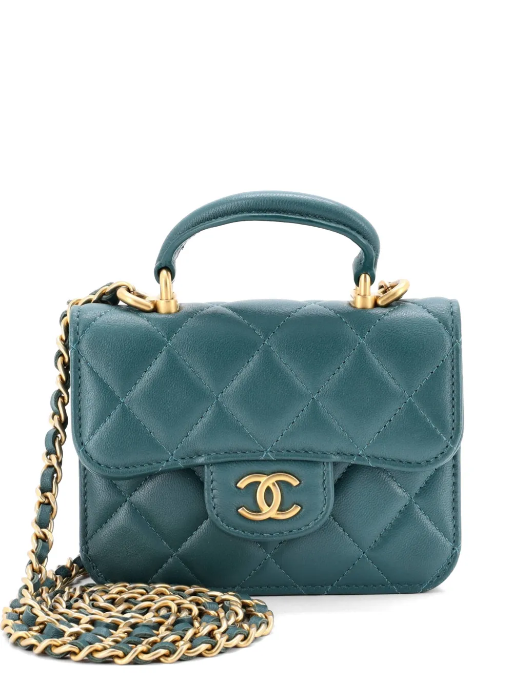 CHANEL Pre-Owned Top Handle Flap Münztäschchen mit gesteppter Lammleder-Umhängetasche - Grün