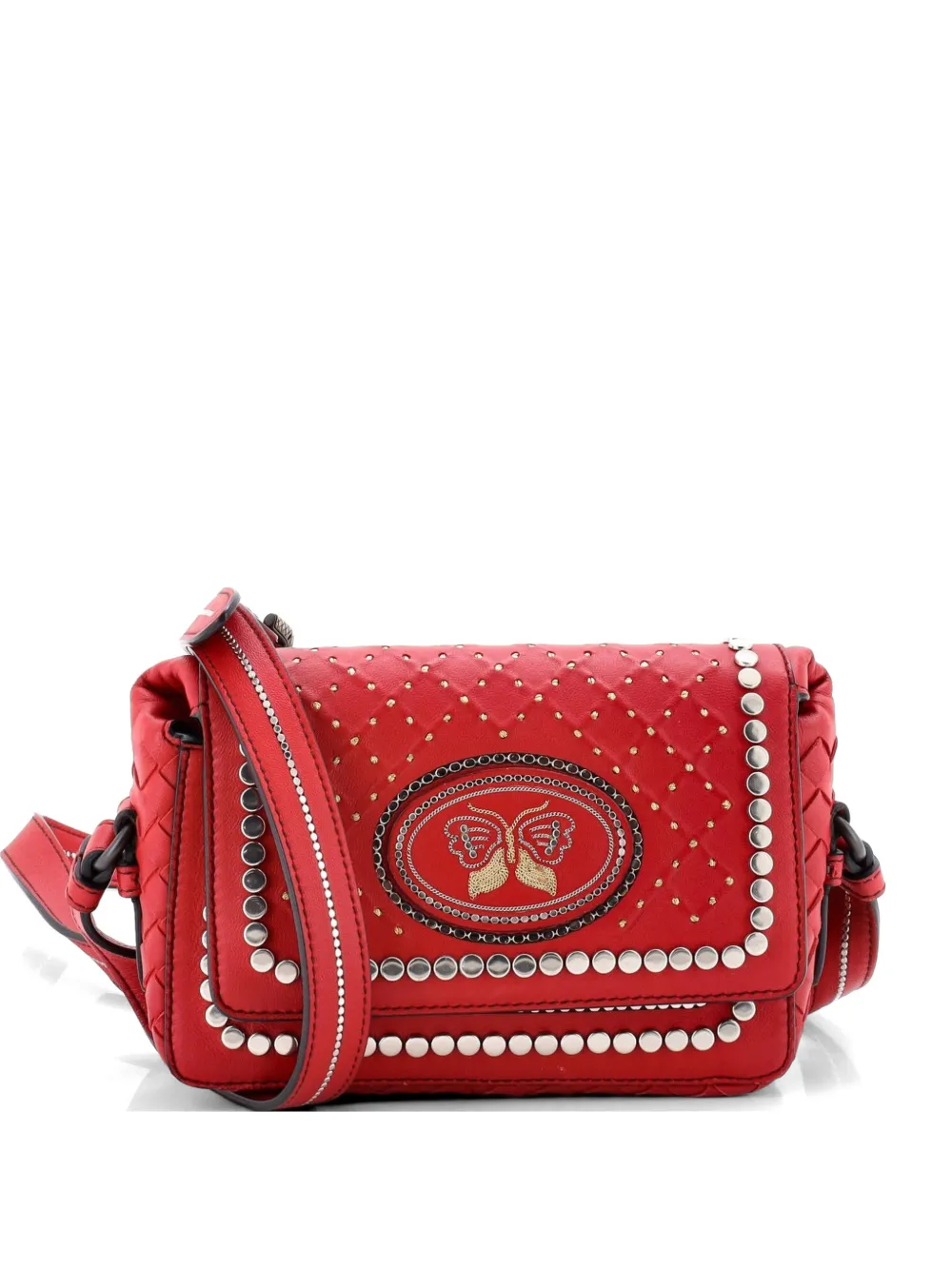 Bottega Veneta Pre-Owned Flap Studded Leather with Intrecciato Detail Small crossbody bag - Rosso