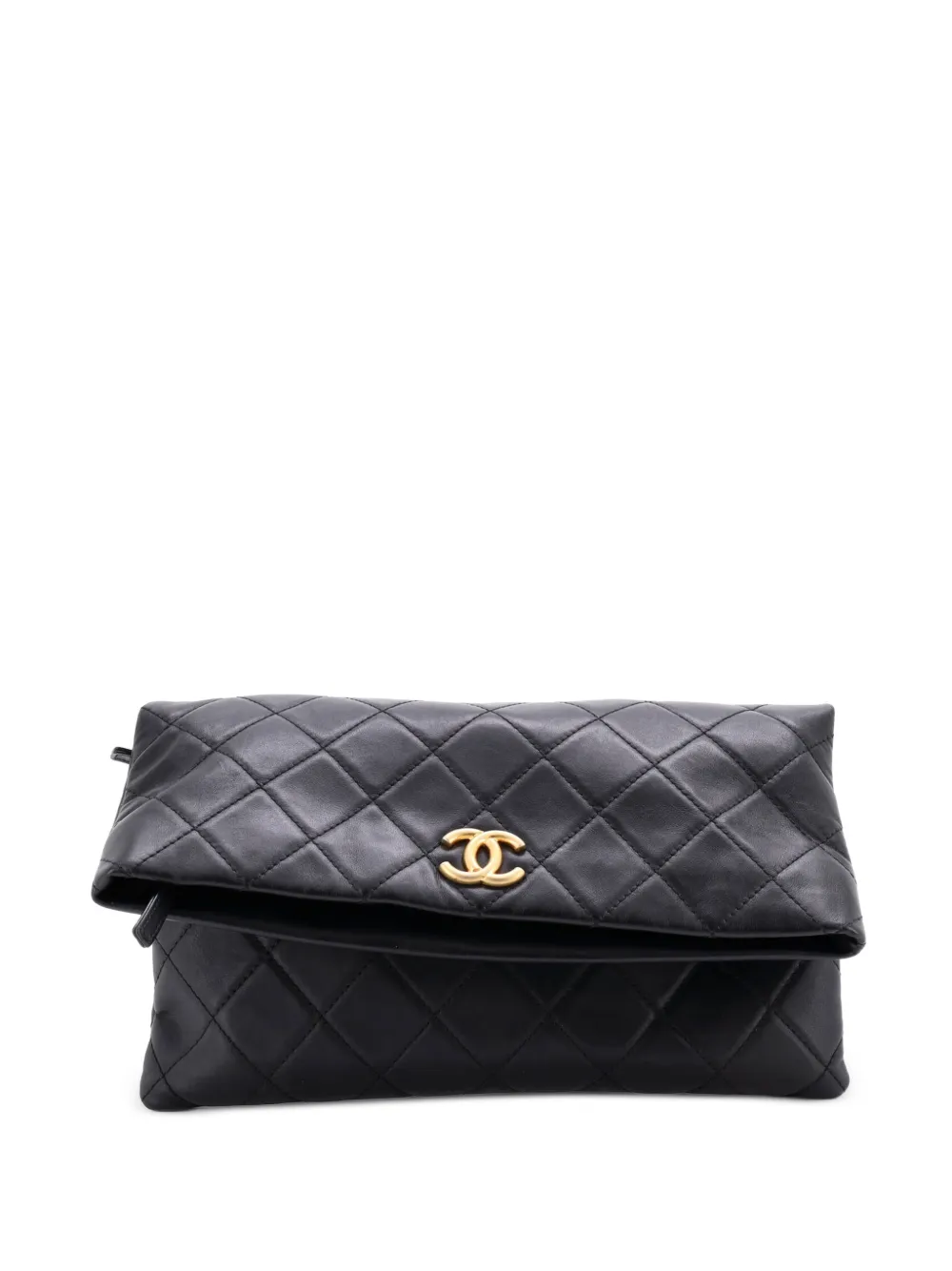 CHANEL Pre-Owned CC Foldover Quilted Lambskin Large clutch bag - Black