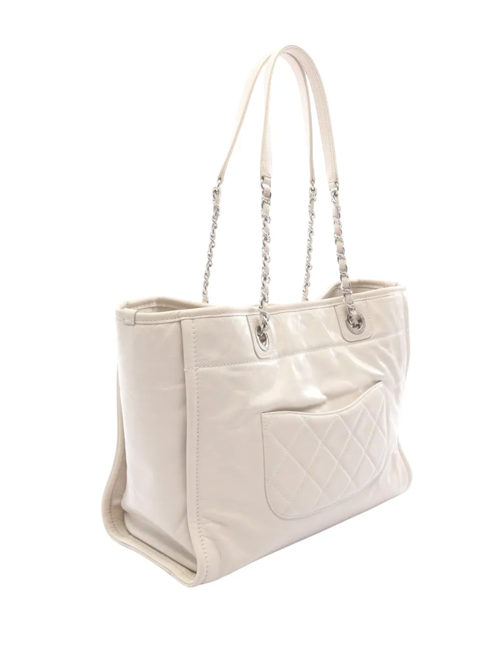 Chanel Pre-owned 2016-2017 Small Glazed Calfskin Deauville Tote Bag in White, view 3