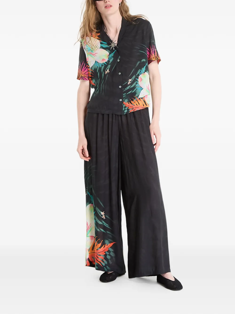 Desigual Tropical Fluid palazzo broek Zwart