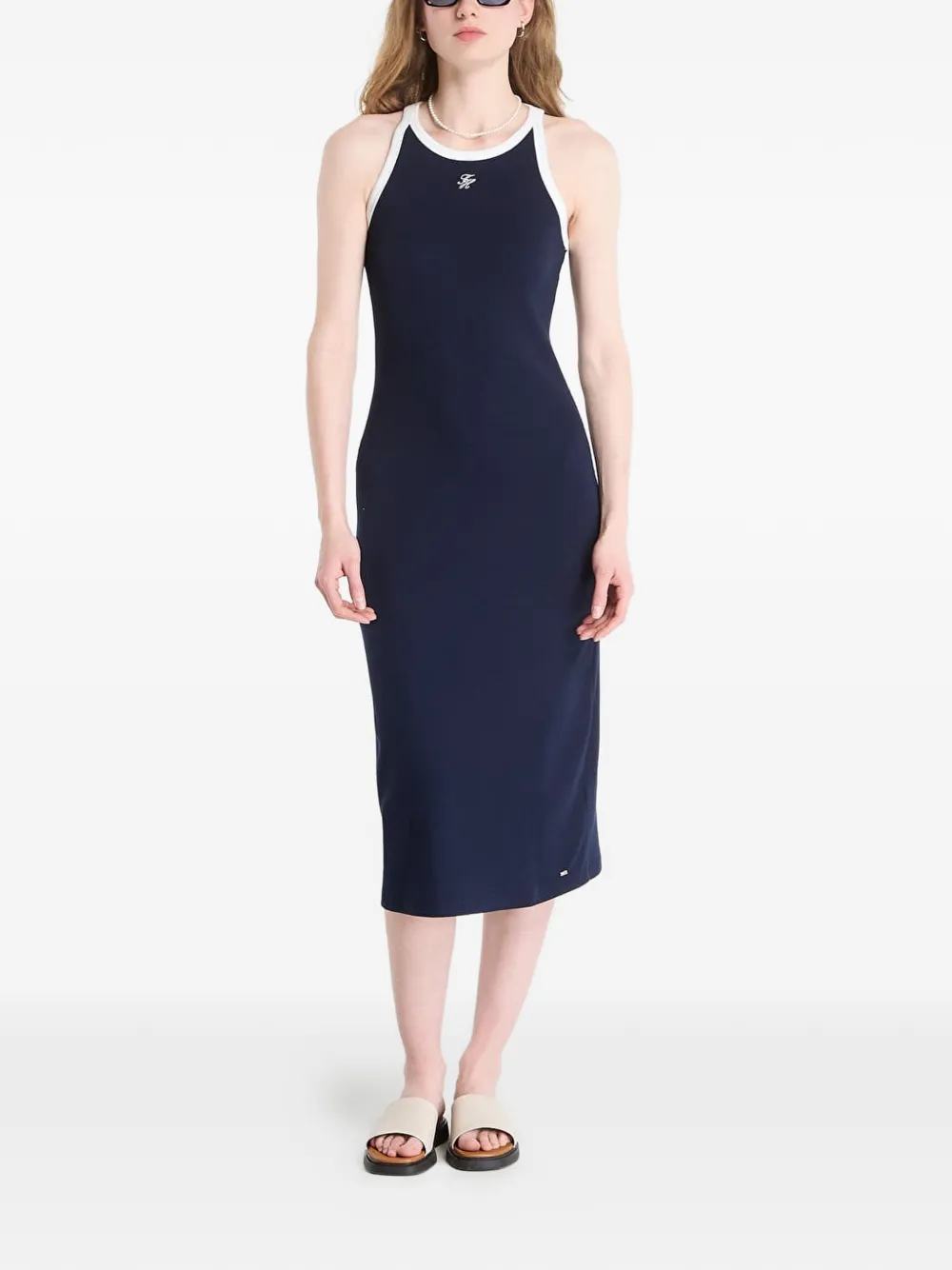 Tommy Hilfiger contrast-trim logo-embroidered cotton midi dress - Blu