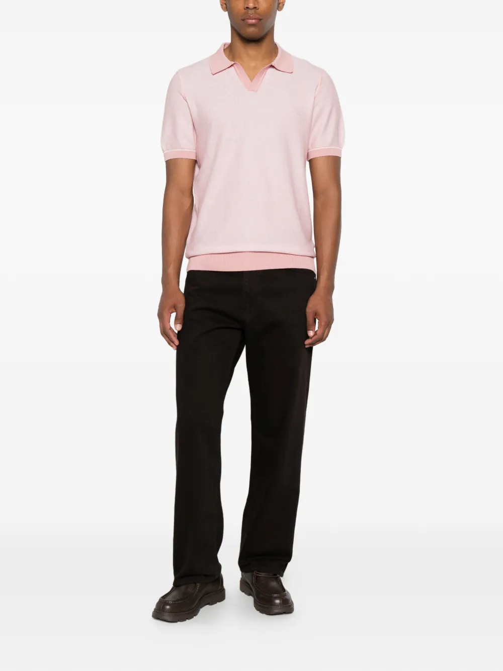 BOSS Gebreide polo van katoenblend met horizontale streep Roze