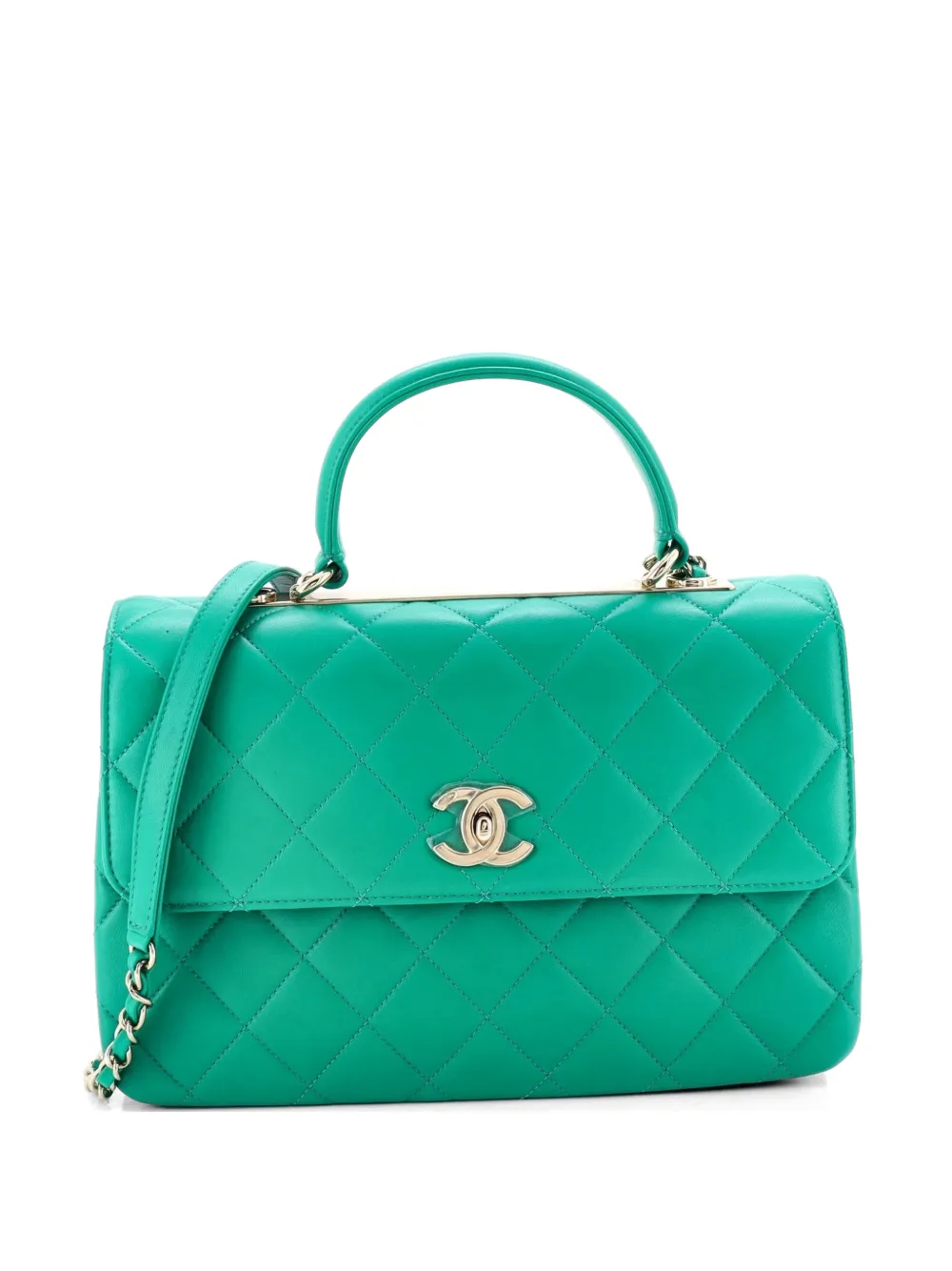 Pre-owned Chanel Trendy Cc Top Handle Bag Quilted Lambskin Medium Satchel In Green
