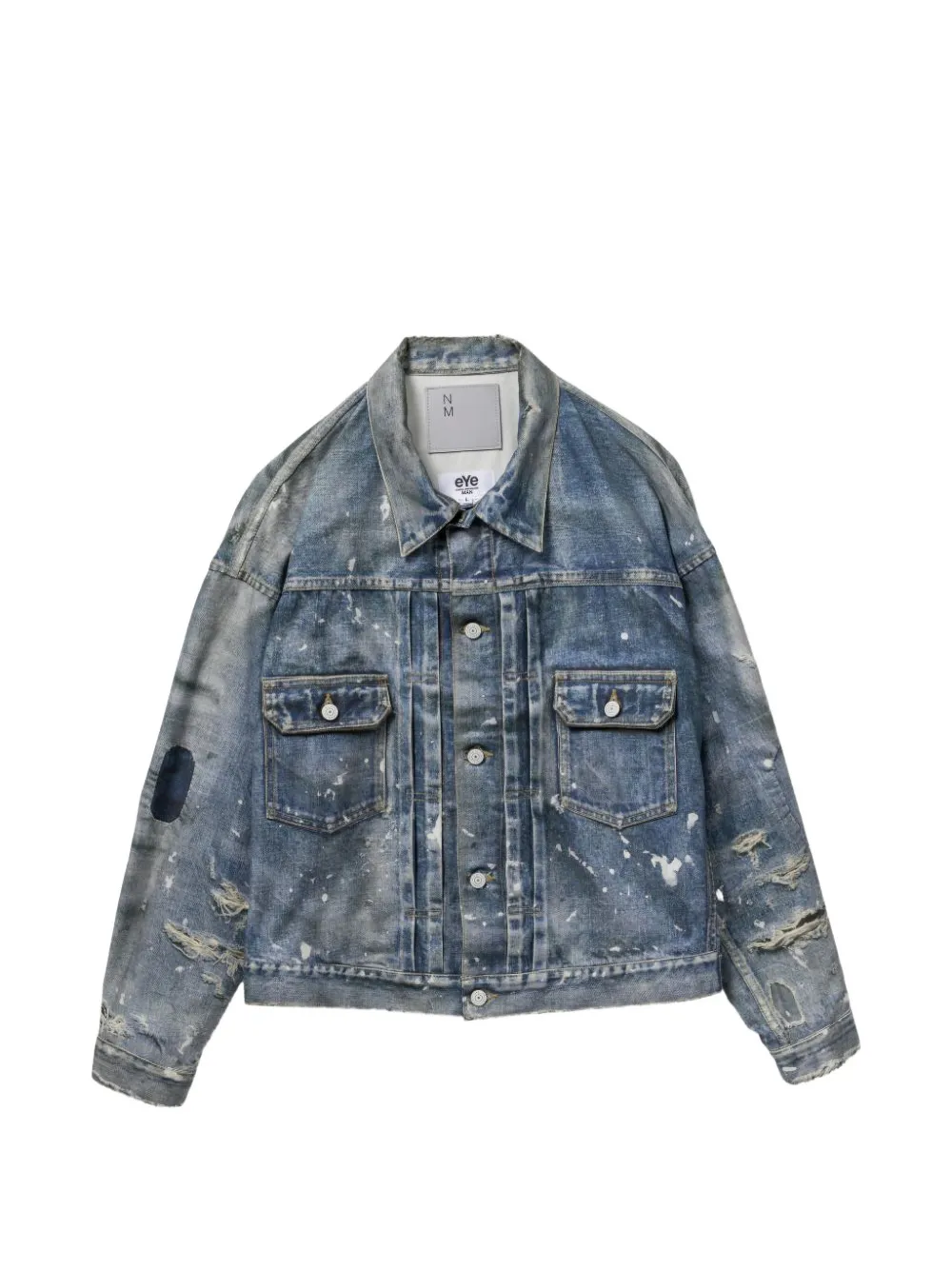 Junya Watanabe MAN paint-splatter distressed denim jacket - Blau