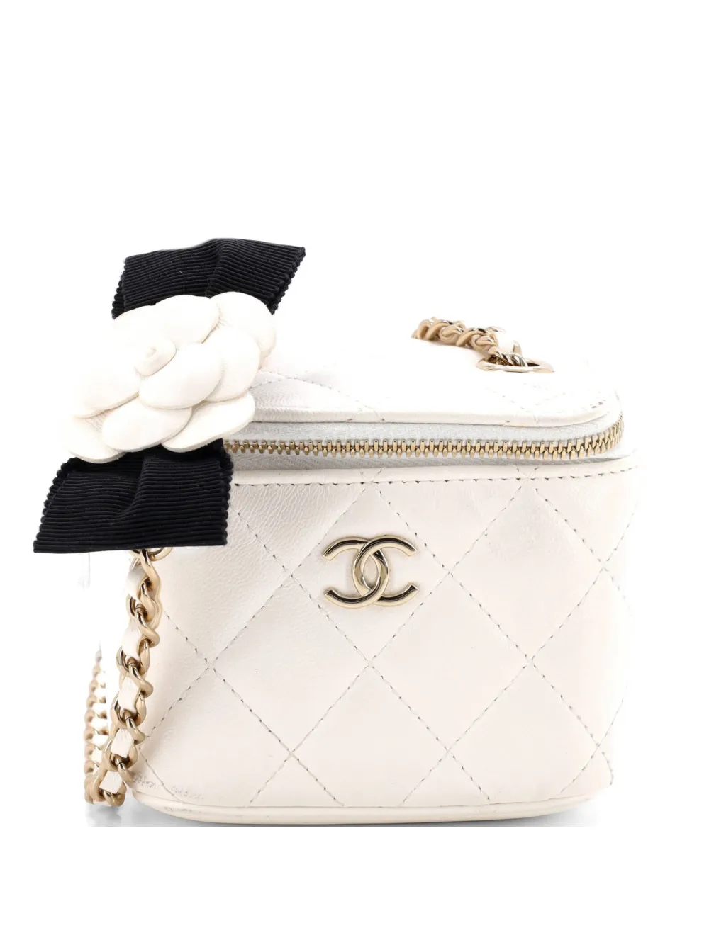 CHANEL Pre-Owned Camellia Bow Vanity Case with Chain Quilted Lambskin Mini crossbody bag - Bianco