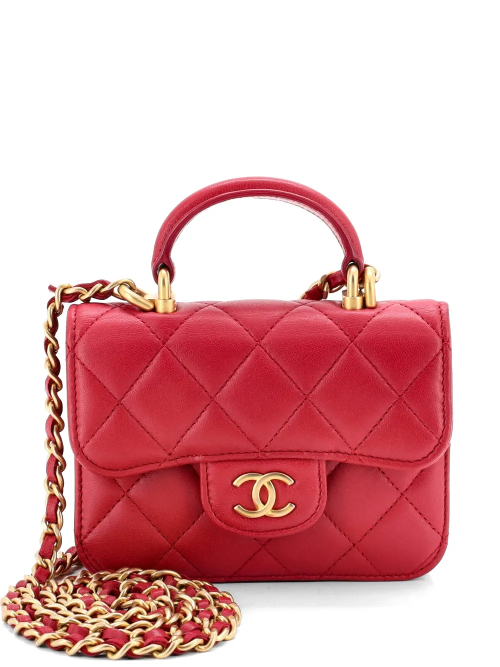CHANEL Pre-Owned Top Handle Flap Coin Purse with Chain Quilted Lambskin crossbody bag - Rosso