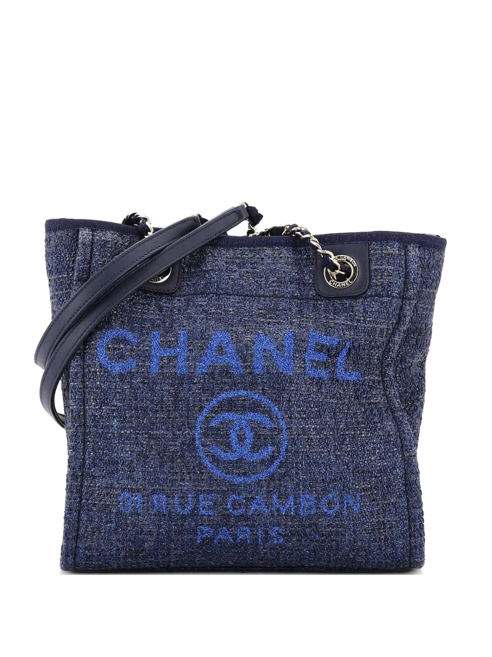 Pre-owned Chanel North South Deauville Tote Raffia With Glitter Detail Small Shoulder Bag In Blue