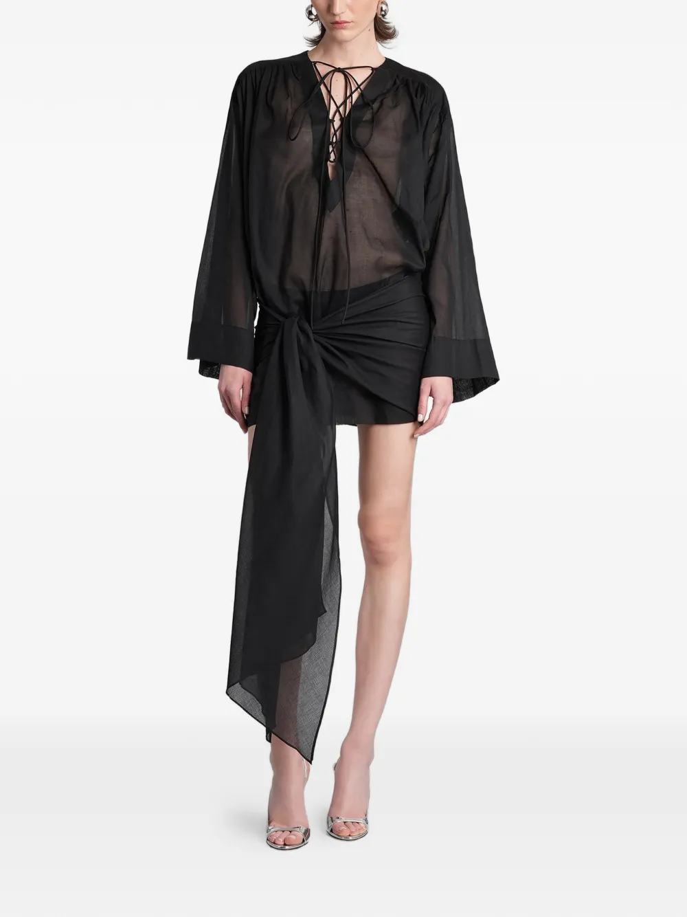 THE ANDAMANE lace-up sheer knotted-detail mini dress - Blu
