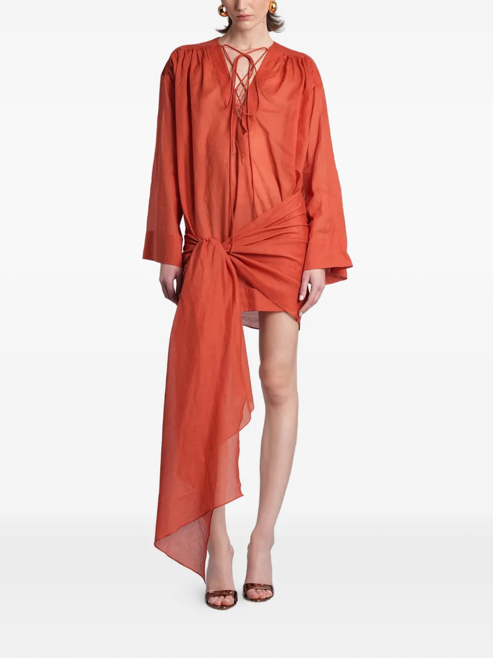 THE ANDAMANE Indira lace-up knotted-drape mini dress - Arancione