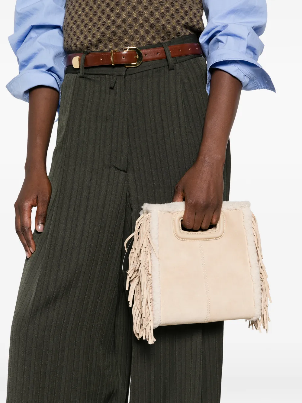 Maje fringed shearling-trim tote bag Beige