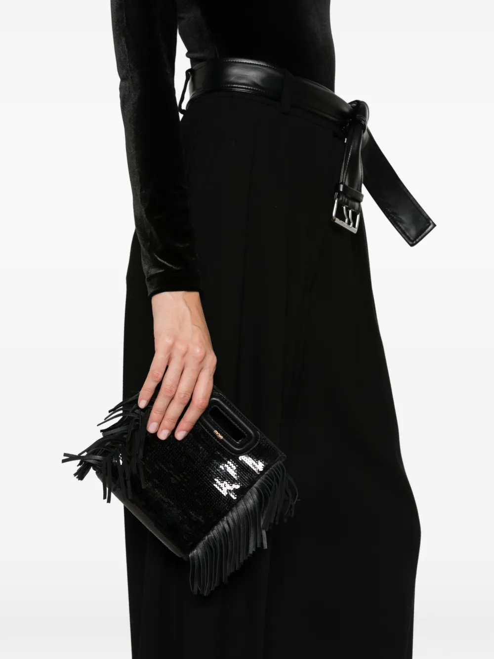 Maje mini Shine sequin-embellished fringed tote bag Zwart