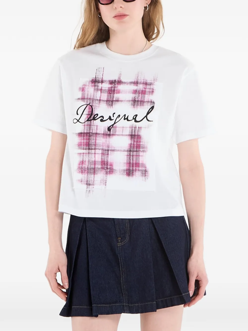 Desigual checked-logo cotton T-shirt - Bianco