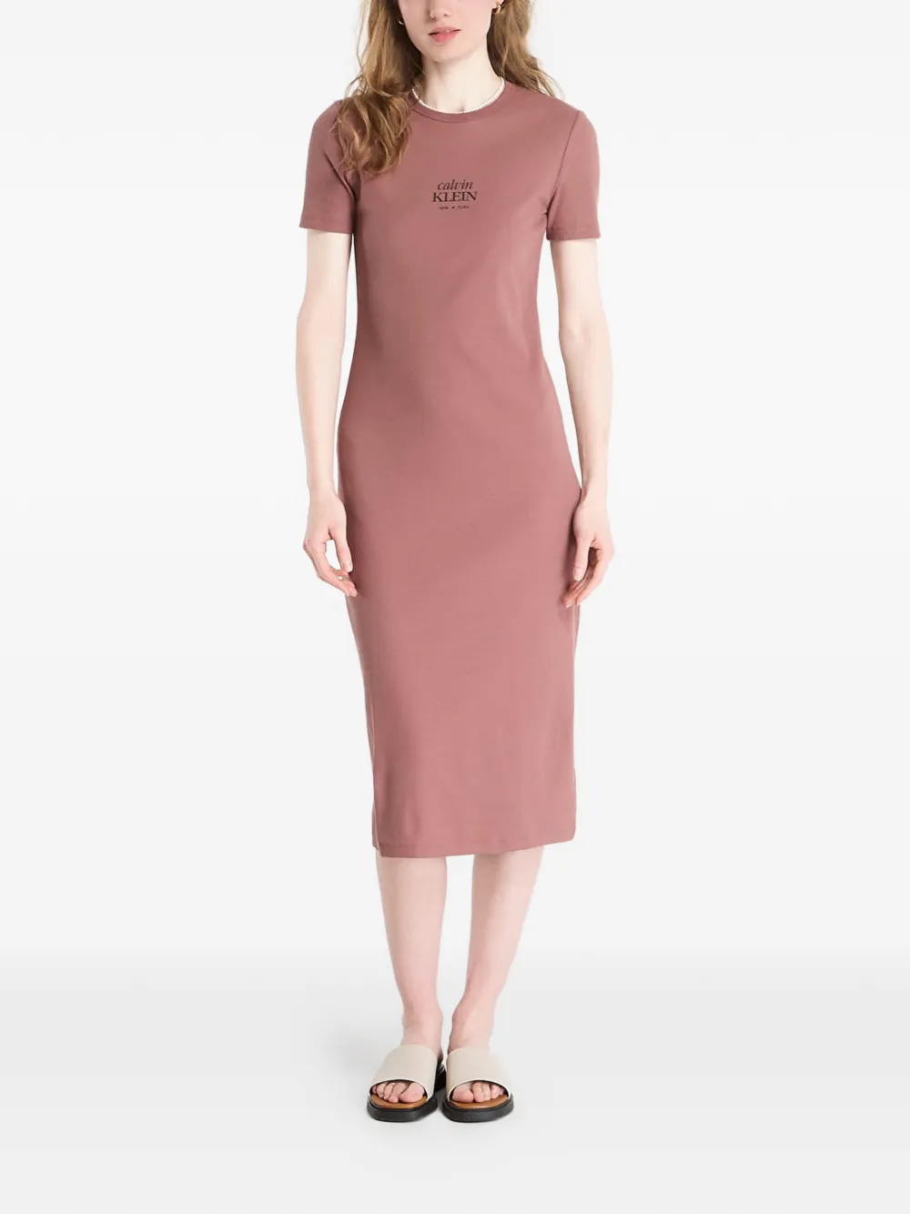 Calvin Klein logo-print ribbed cotton midi dress - Marrone