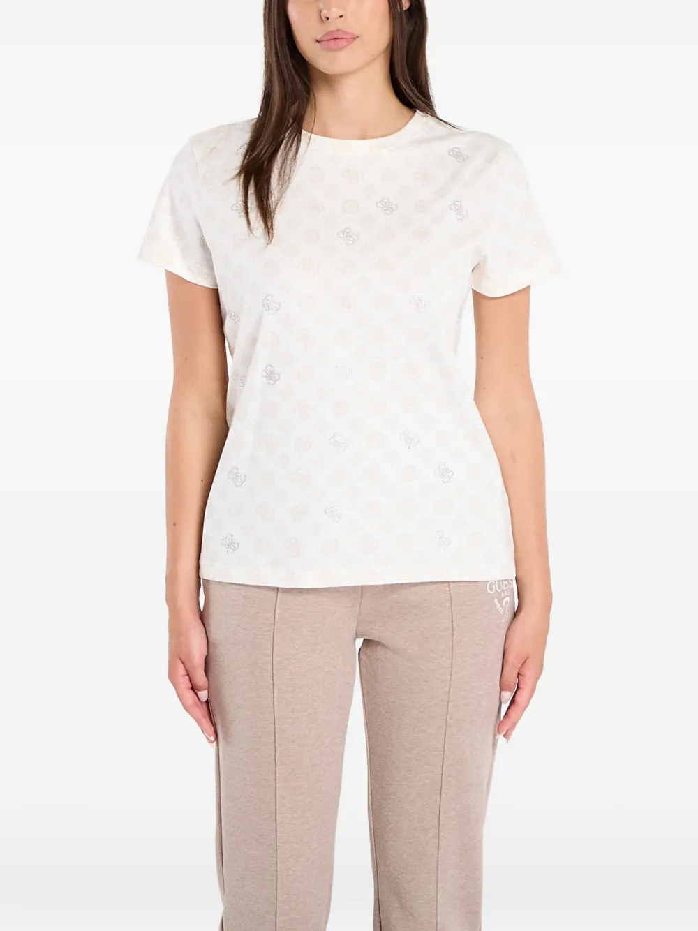 GUESS USA monogram-print rhinestone-embellished T-shirt - Bianco