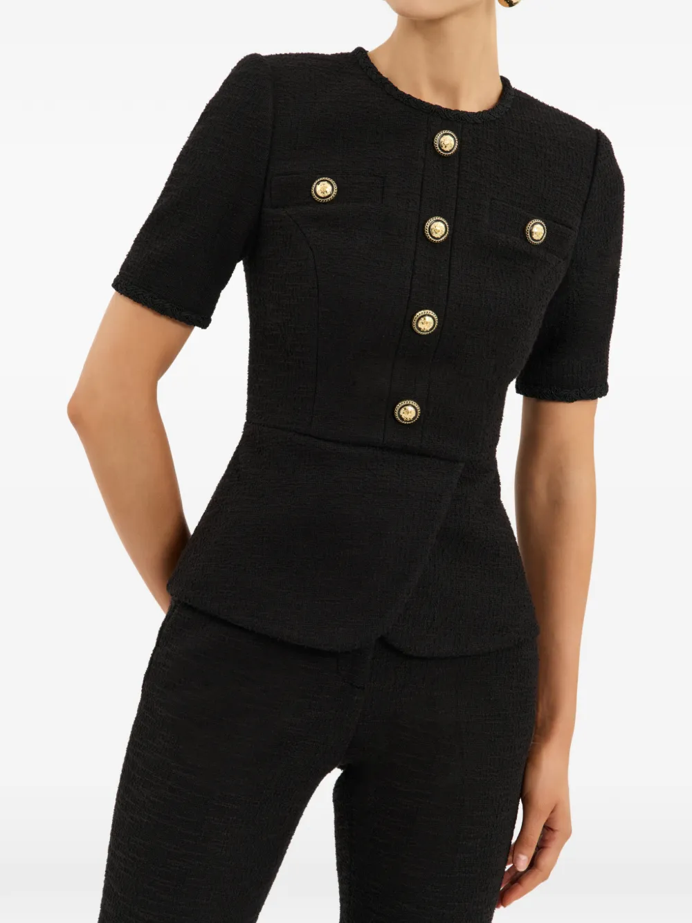 Rebecca Vallance Elvie bouclé peplum top Zwart
