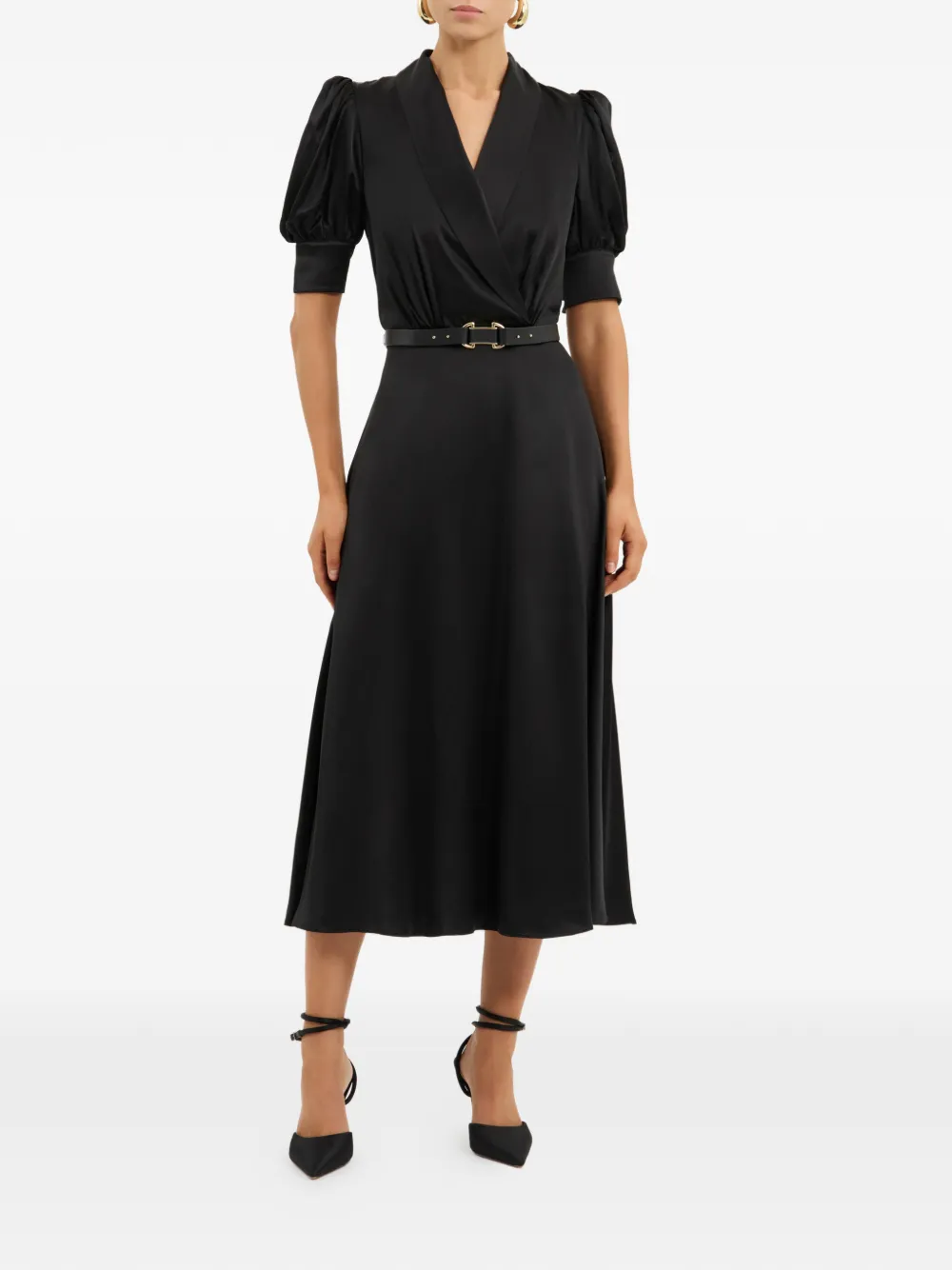 Rebecca Vallance Midi-jurk met pofmouwen en ceintuur Zwart