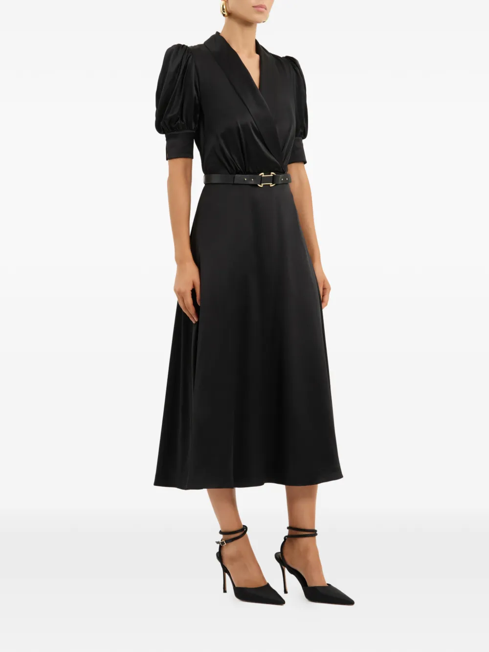 Rebecca Vallance Midi-jurk met pofmouwen en ceintuur Zwart