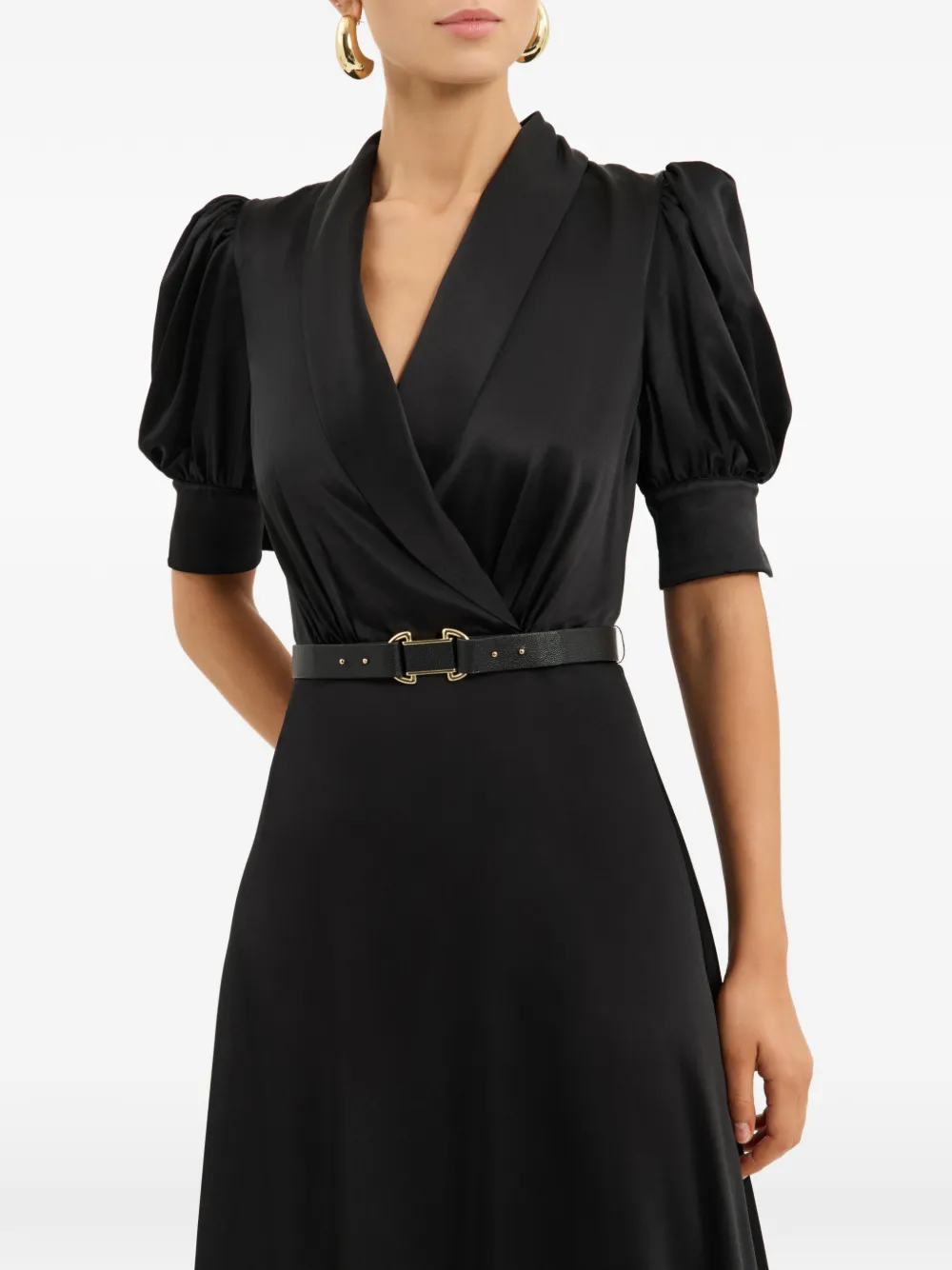 Rebecca Vallance Midi-jurk met pofmouwen en ceintuur Zwart