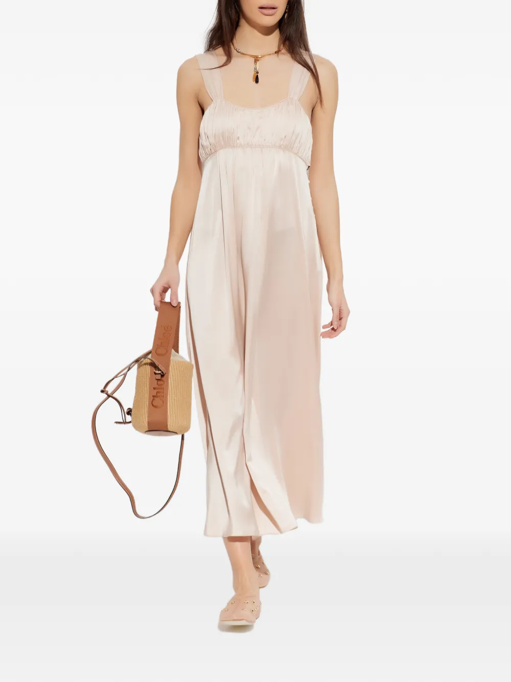 Chloé Gesmockte zijden midi-jurk Beige