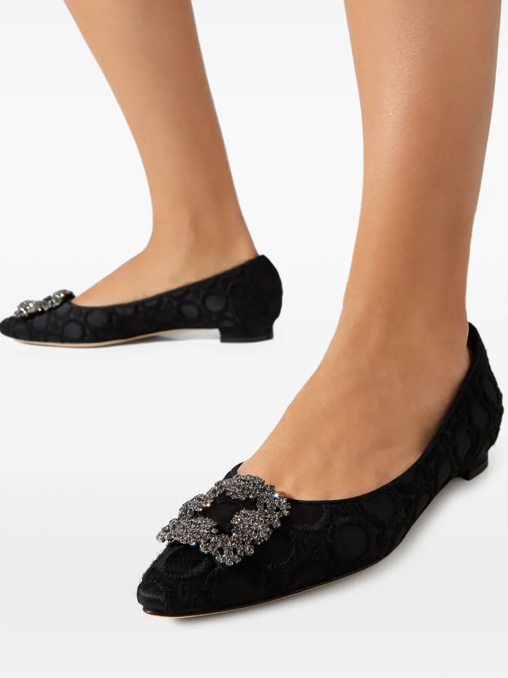Manolo Blahnik Hangisi Flat crystal-buckle ballet flats Zwart