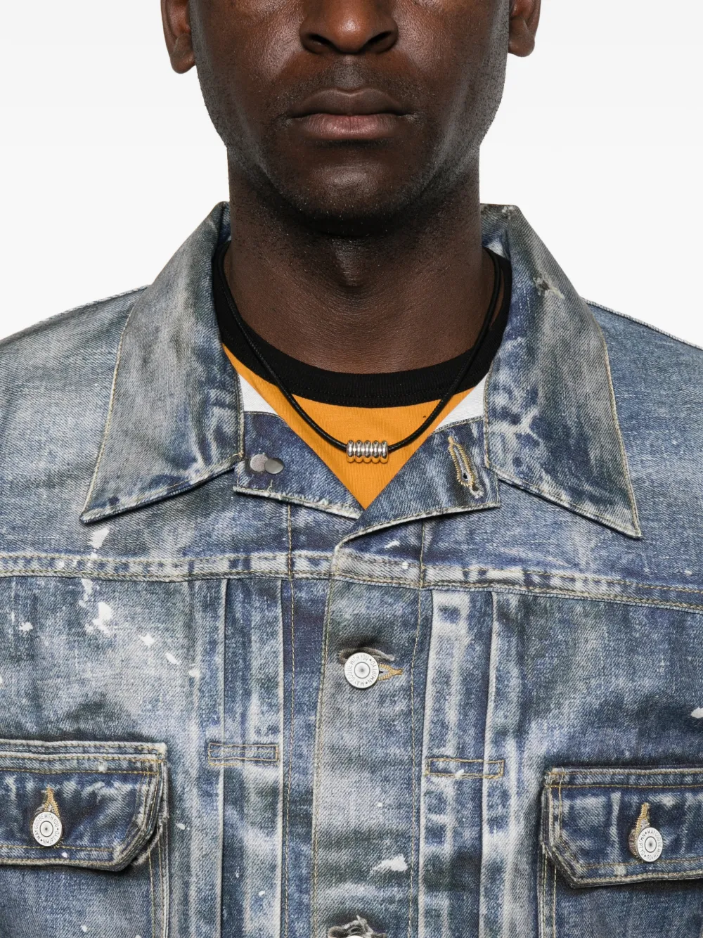 Junya Watanabe MAN Gerafeld denim jack met verfspatten Zwart