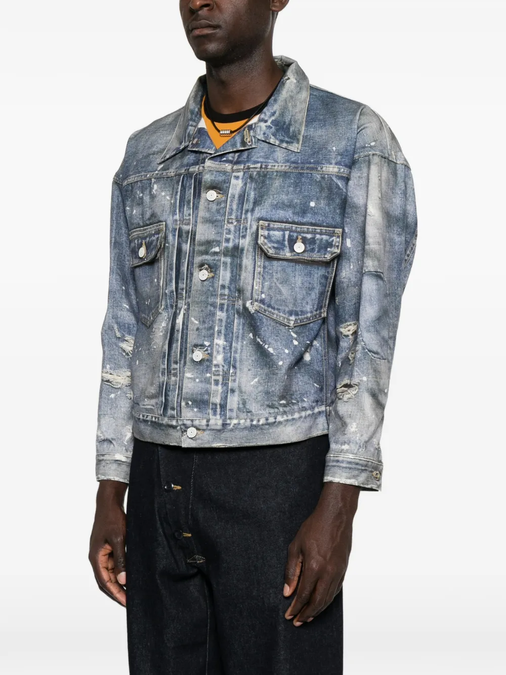 Junya Watanabe MAN Gerafeld denim jack met verfspatten Zwart