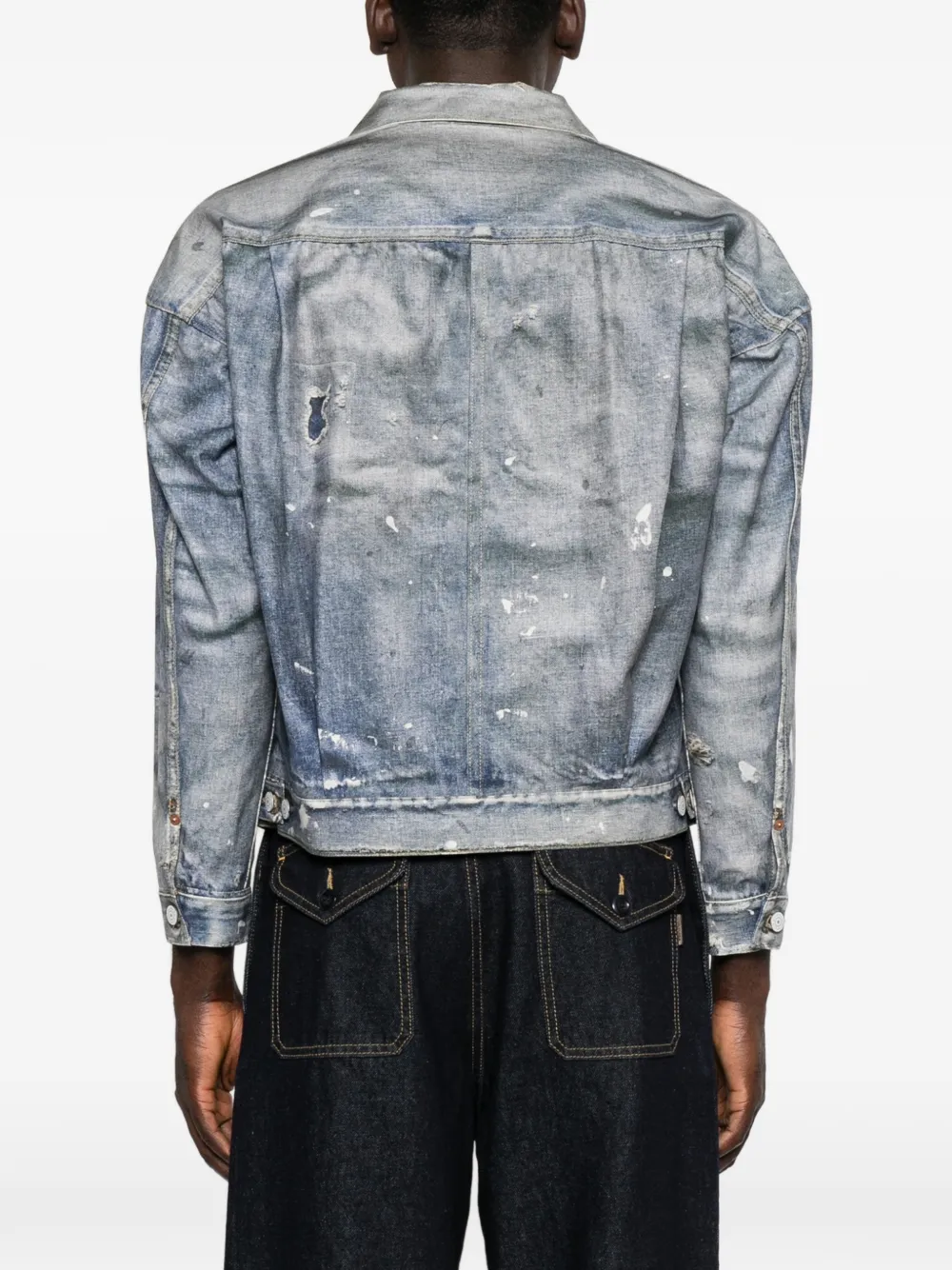 Junya Watanabe MAN Gerafeld denim jack met verfspatten Zwart