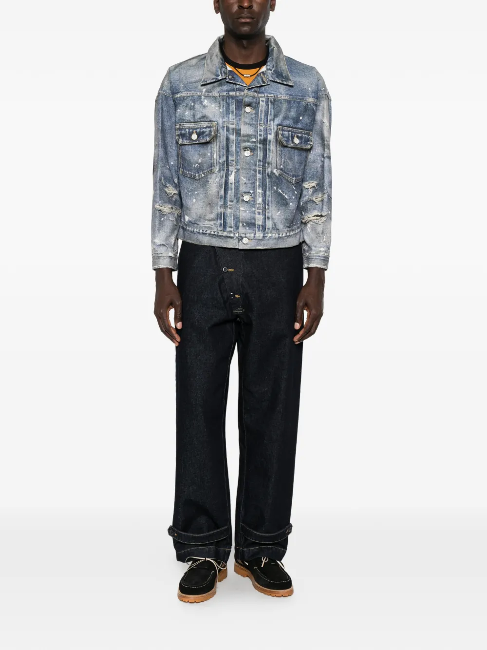 Junya Watanabe MAN Gerafeld denim jack met verfspatten Zwart