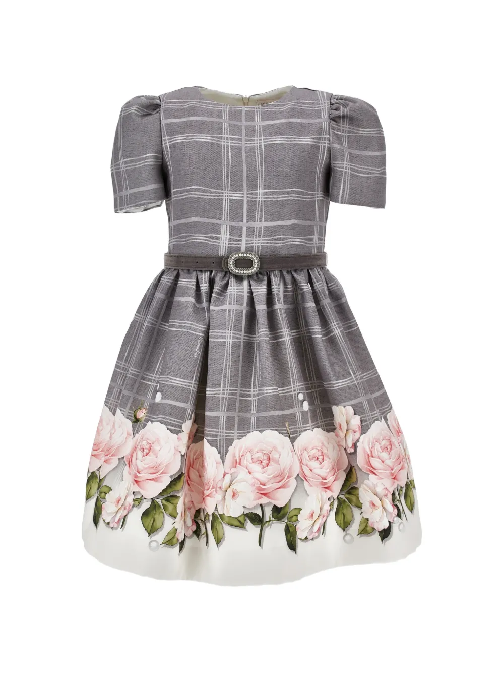 Monnalisa floral-print checked dress - Grigio
