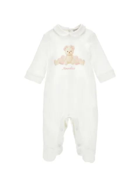 Monnalisa teddy-bear-print Peter Pan-collar sleepsuit