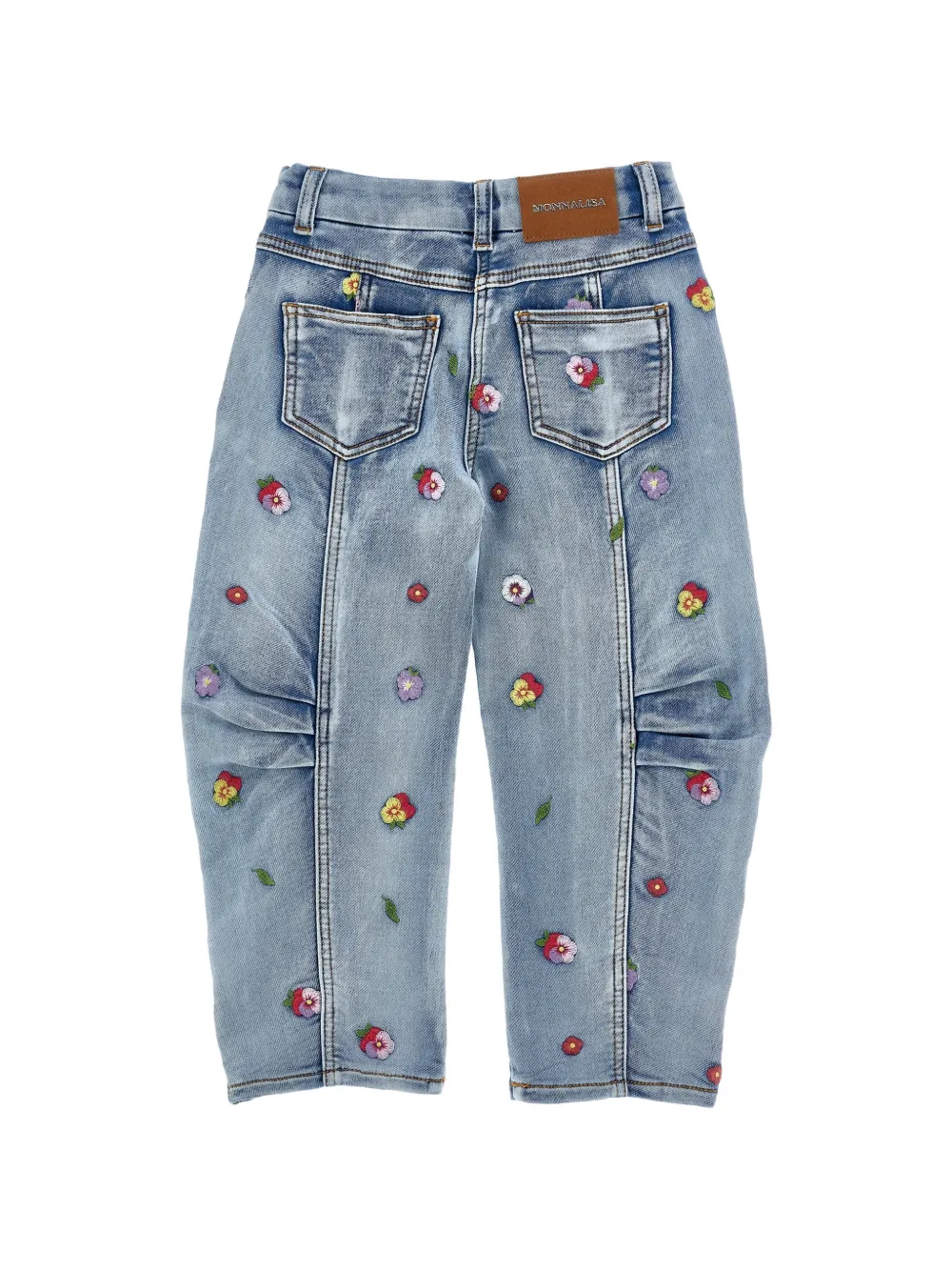 Monnalisa Jeans met geborduurde bloemen en vlakken Blauw