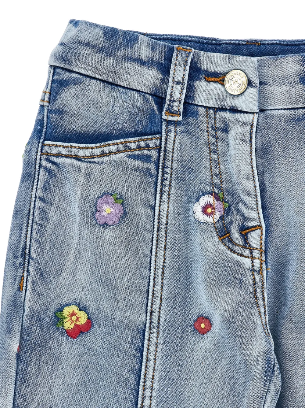 Monnalisa Jeans met geborduurde bloemen en vlakken Blauw