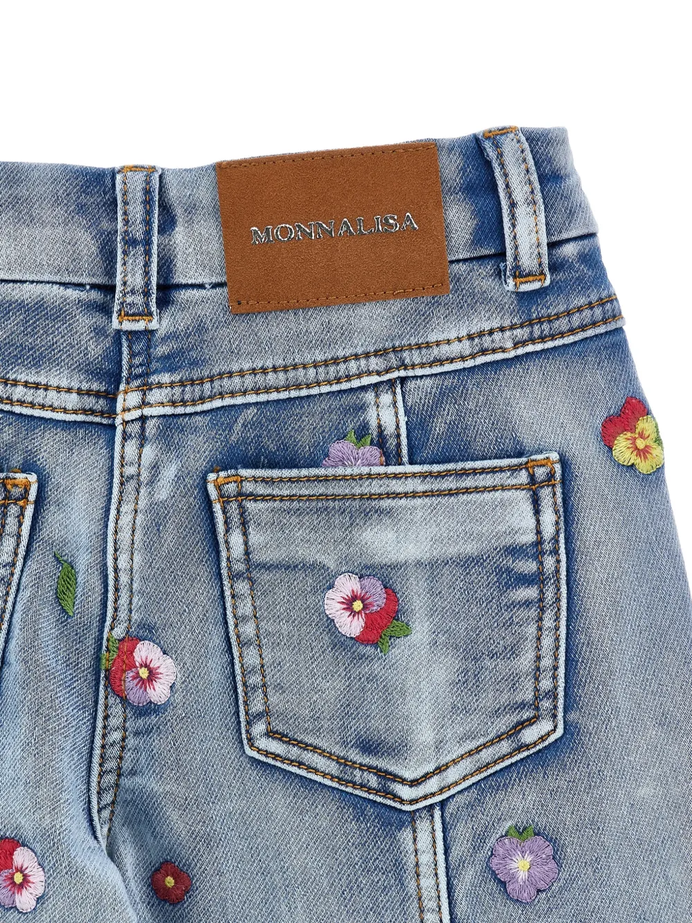 Monnalisa Jeans met geborduurde bloemen en vlakken Blauw