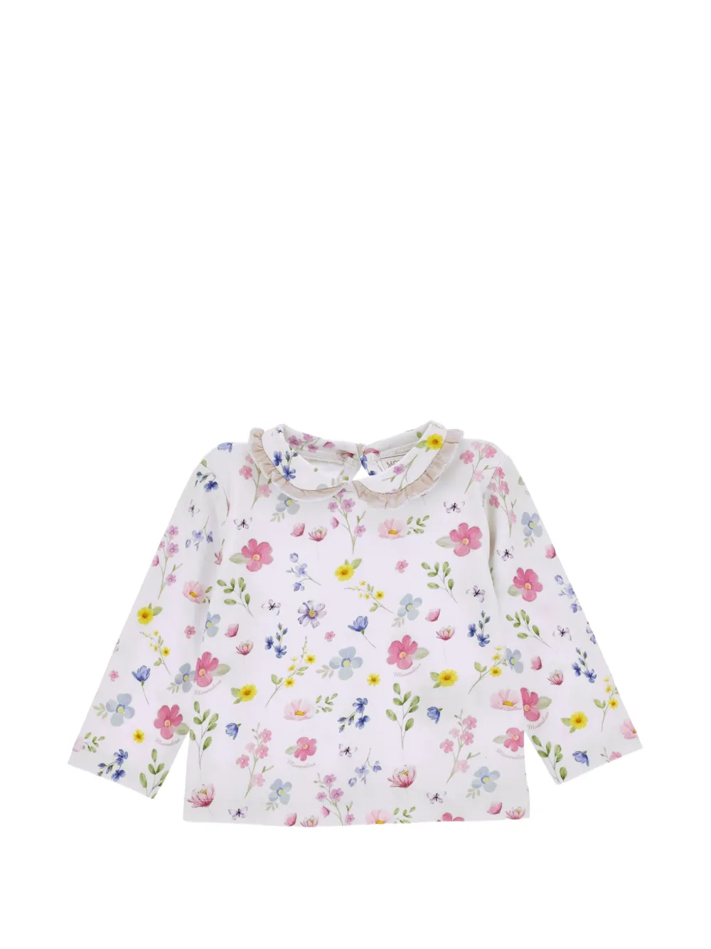Monnalisa T-shirt a fiori con colletto arricciato - Bianco