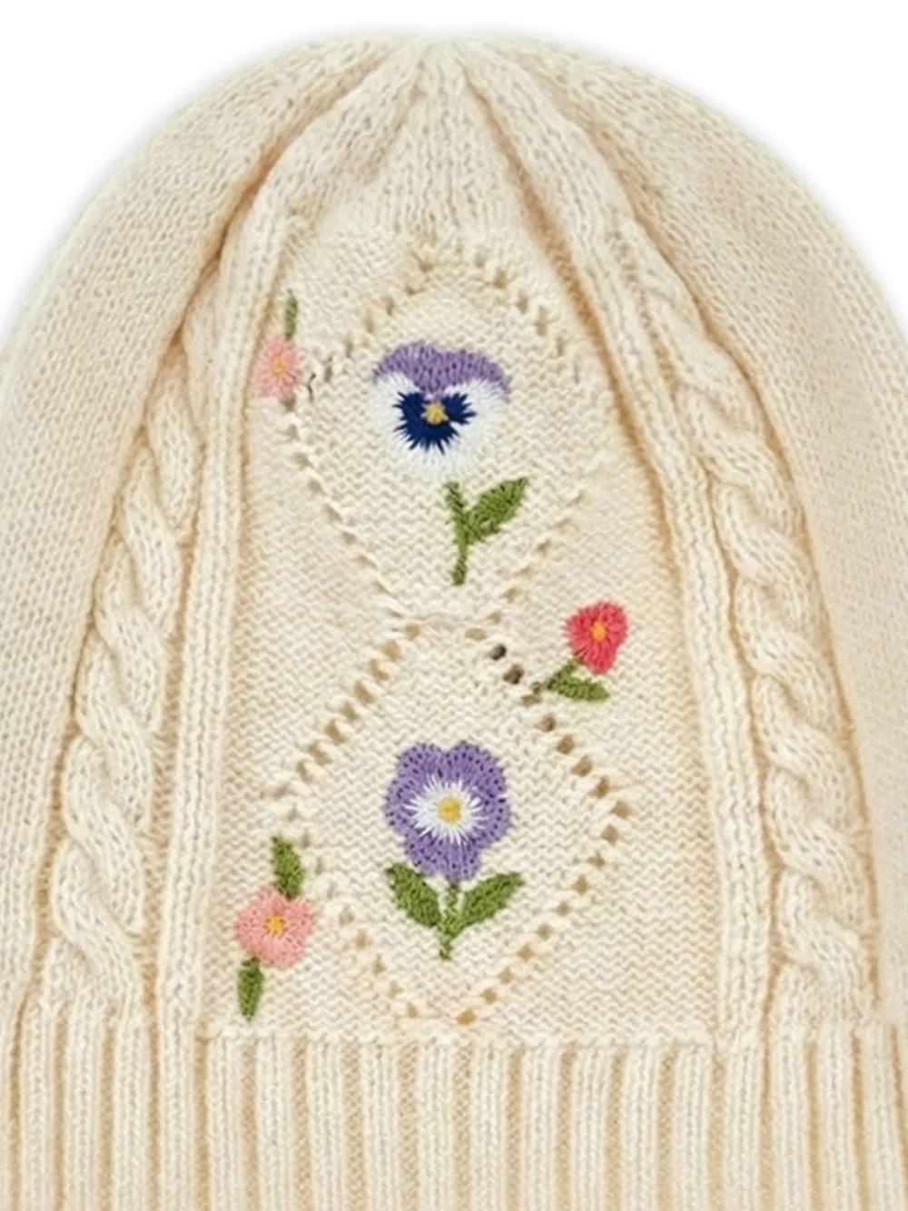 Monnalisa Kabelgebreide muts met geborduurde bloemen Beige