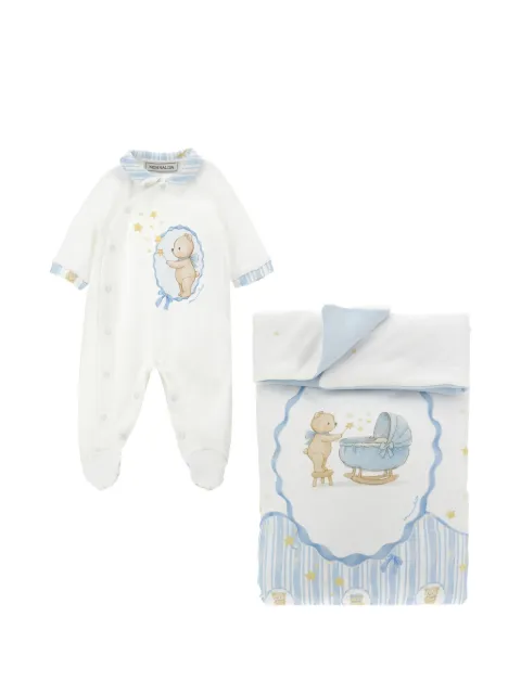 Monnalisa teddy-bear print striped-trim pajamas and blanket set