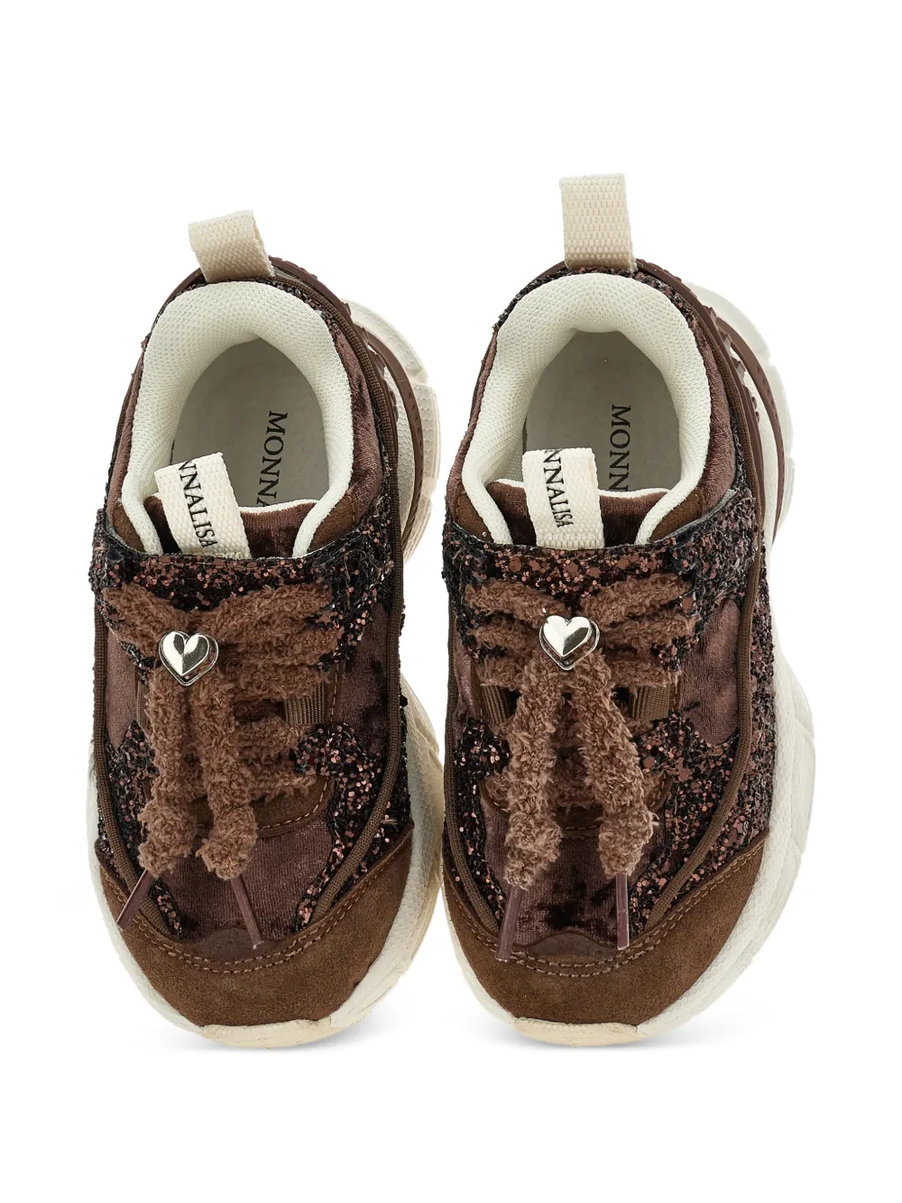 Monnalisa Sneakers verfraaid met glitters en hart hanger Bruin