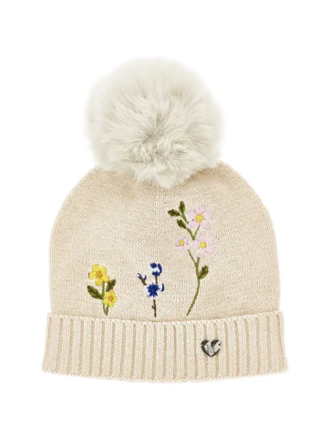 Monnalisa floral-embroidered pompom beanie hat