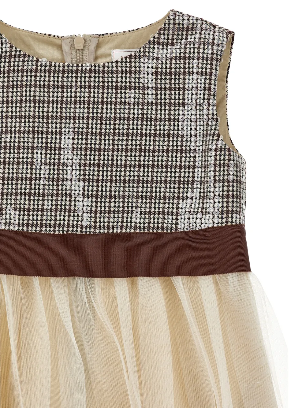 Monnalisa Jurk verfraaid met pailletten en pied-de-poule patroon Beige