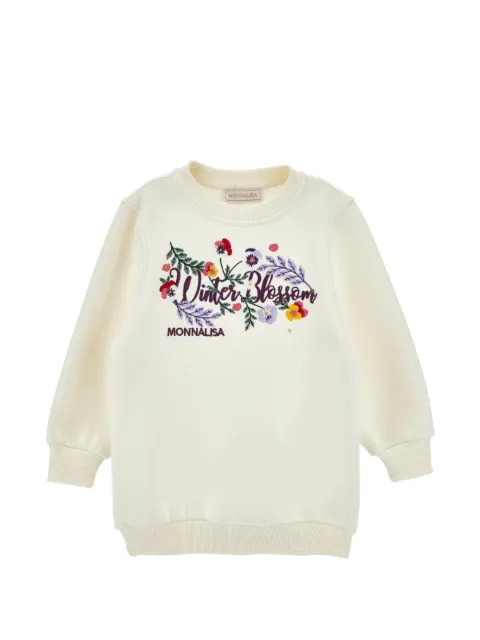 Monnalisa kjole med blomsterbroderi og logotryk
