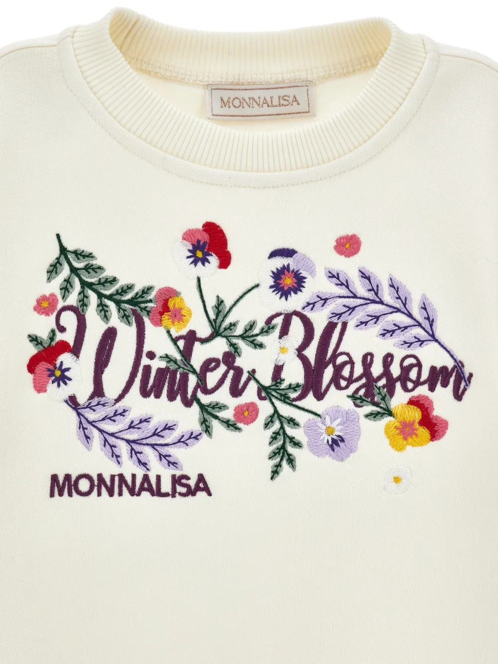 Monnalisa Jurk met geborduurde bloemen en logo-print Beige