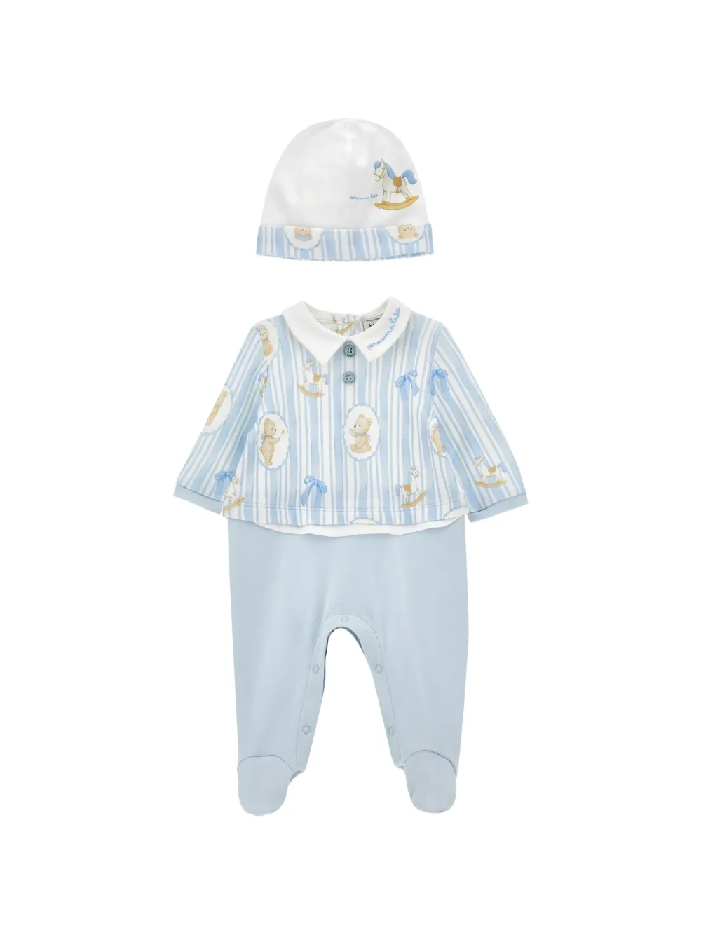 Monnalisa Set aus gestreiftem Pyjama und Beanie mit Teddy-Print - Blau