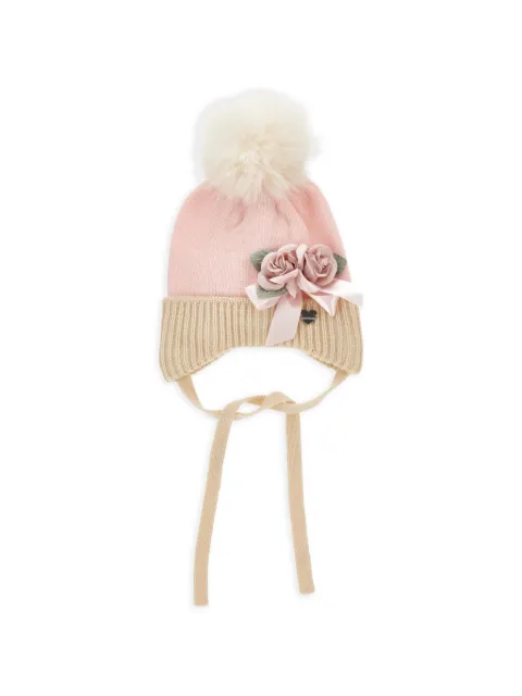 Monnalisa floral-embellished pom-pom beanie hat