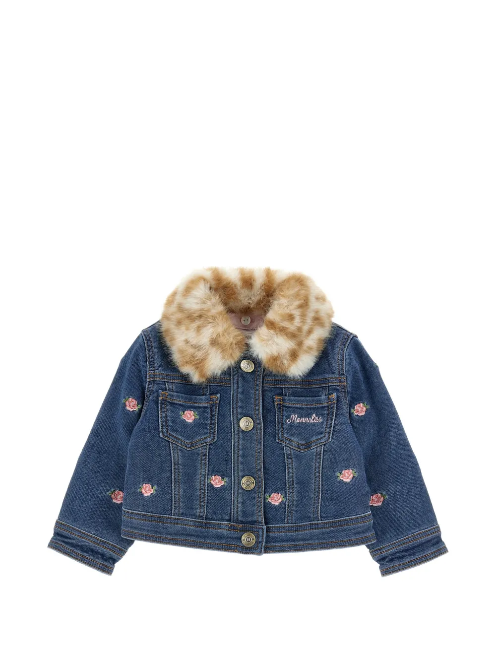 Monnalisa Denim jack met kraag van imitatiebont en geborduurde bloemen Blauw